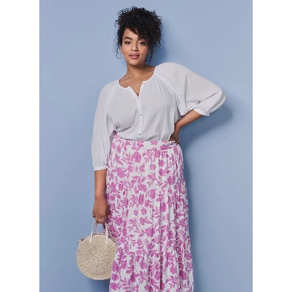 Lauren Conrad Pink Floral Tiered Midi Skirt Size 1X Linen Blend Coquette Cottage - Picture 11 of 14